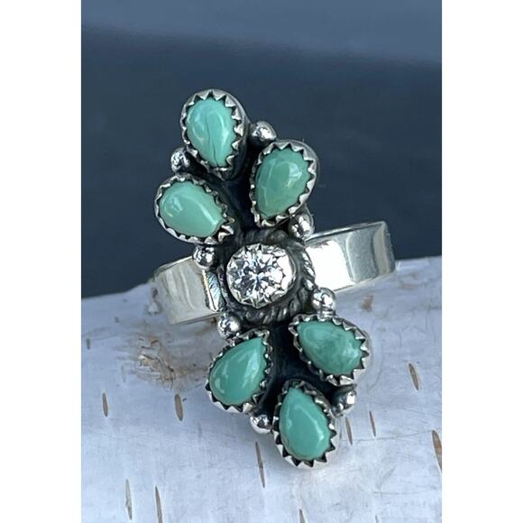 Kingman Turquoise & Moissanite Cluster Sterling Adjustable Ring-Southwest 5.5-7 - Picture 2 of 9